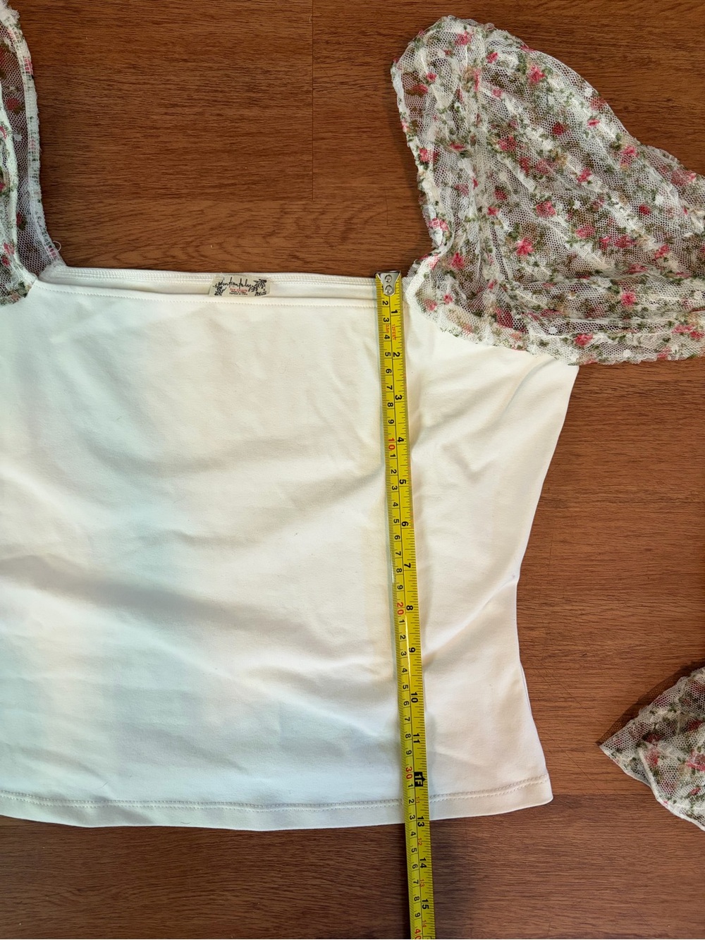 Free People White Square Neck Top with Floral Sheer Puff Sleeves - Picture 5 of 5